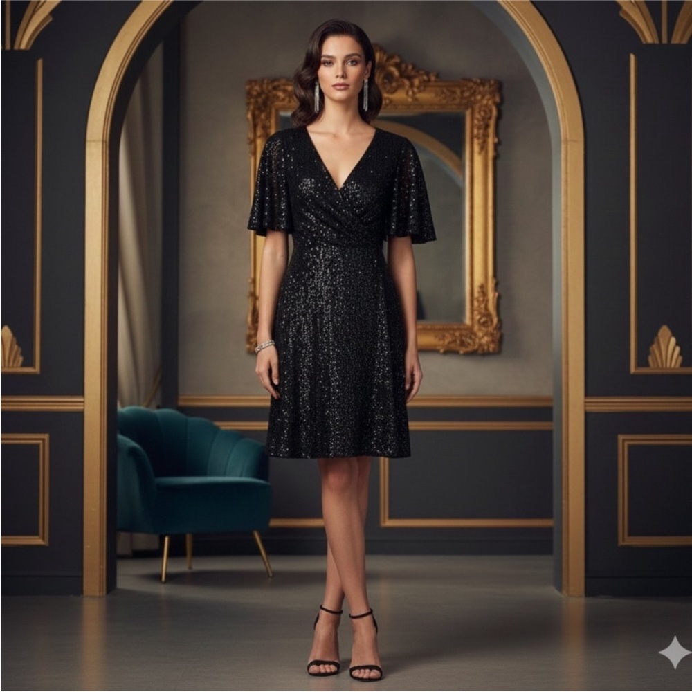 🆕 Alexia Admor Oakless V-line Black Sequin Flutter Sleeve Fit & Flare Mini Dress
